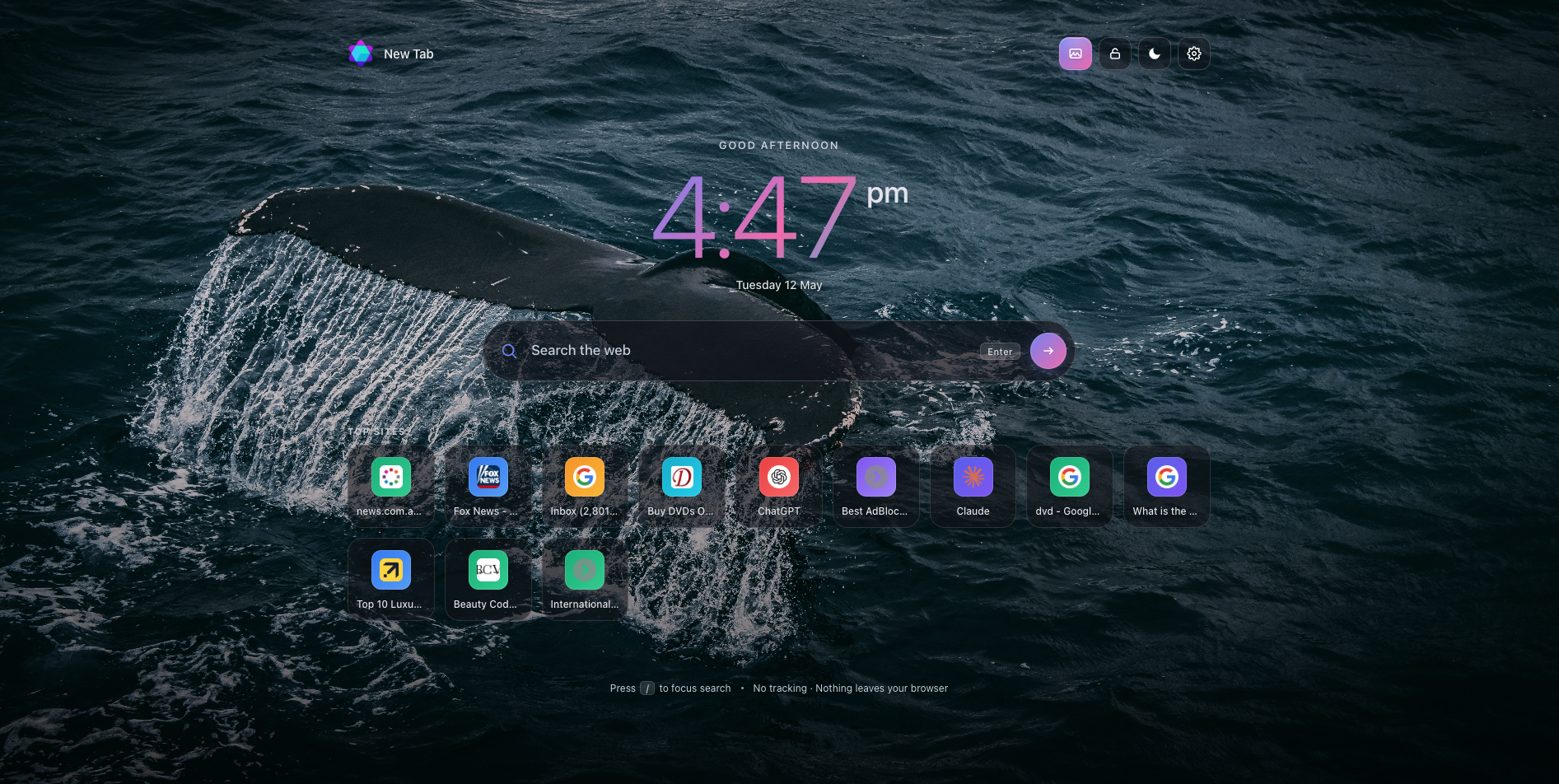 Kick Off new tab page showing a clock, search bar, and shortcuts over a calm photo background